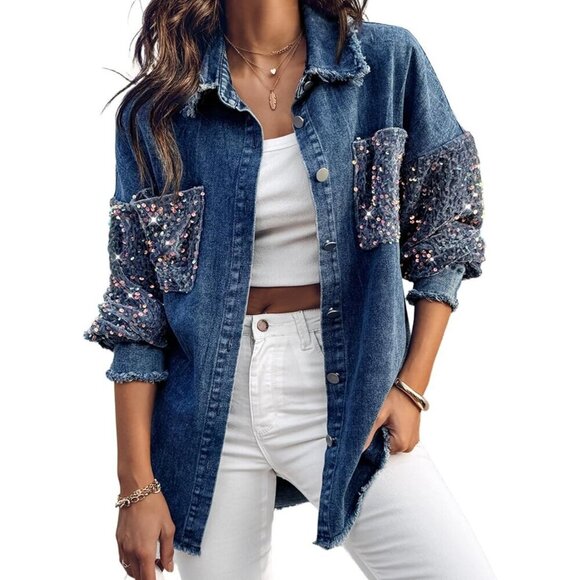 Jackets & Blazers - Women's Casual Denim Jacket Contrast Sequin Long Sleeve Denim Jackets Blue